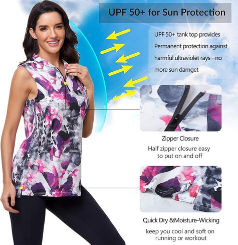 قميص بولو جولف نسائي من CHICHO بدون أكمام بعامل حماية من أشعة الشمس 50+ للحماية من الشمس وماص للرطوبة in Kuwait