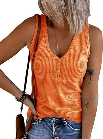 قمصان نسائية من Yuccalley محبوكة مضلعة ورقبة على شكل حرف V بدون أكمام قمصان هينلي بأزرار لأعلى وتيز كامي in Kuwait