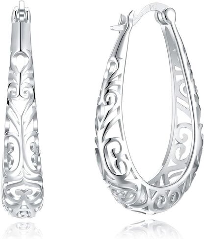 925 Sterling Silver Filigree Hoop Earrings, 18 K Gold Plated Small Oval Hoop Earrings for Women, Hollow-Out Textured Flower Teardrop Earrings, Hypoallergenic U Shape Earrings in Saudi Arabia