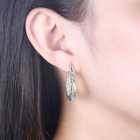 925 Sterling Silver Filigree Hoop Earrings, 18 K Gold Plated Small Oval Hoop Earrings for Women, Hollow-Out Textured Flower Teardrop Earrings, Hypoallergenic U Shape Earrings in Saudi Arabia