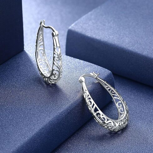 925 Sterling Silver Filigree Hoop Earrings, 18 K Gold Plated Small Oval Hoop Earrings for Women, Hollow-Out Textured Flower Teardrop Earrings, Hypoallergenic U Shape Earrings in Saudi Arabia