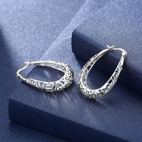 925 Sterling Silver Filigree Hoop Earrings, 18 K Gold Plated Small Oval Hoop Earrings for Women, Hollow-Out Textured Flower Teardrop Earrings, Hypoallergenic U Shape Earrings in Saudi Arabia