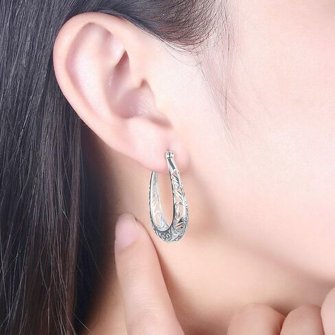 925 Sterling Silver Filigree Hoop Earrings, 18 K Gold Plated Small Oval Hoop Earrings for Women, Hollow-Out Textured Flower Teardrop Earrings, Hypoallergenic U Shape Earrings in Saudi Arabia