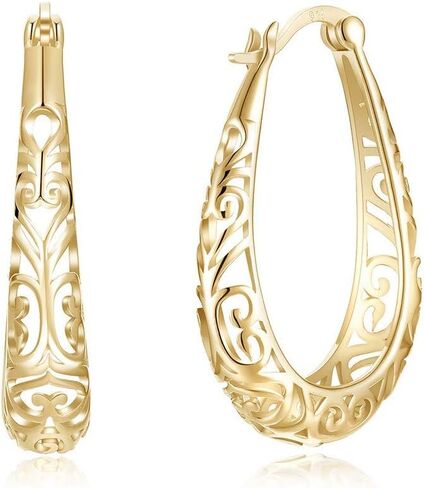 925 Sterling Silver Filigree Hoop Earrings, 18 K Gold Plated Small Oval Hoop Earrings for Women, Hollow-Out Textured Flower Teardrop Earrings, Hypoallergenic U Shape Earrings in Saudi Arabia