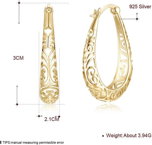 925 Sterling Silver Filigree Hoop Earrings, 18 K Gold Plated Small Oval Hoop Earrings for Women, Hollow-Out Textured Flower Teardrop Earrings, Hypoallergenic U Shape Earrings in Saudi Arabia