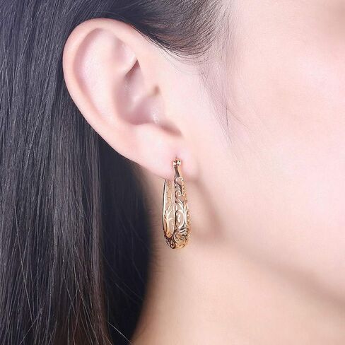 925 Sterling Silver Filigree Hoop Earrings, 18 K Gold Plated Small Oval Hoop Earrings for Women, Hollow-Out Textured Flower Teardrop Earrings, Hypoallergenic U Shape Earrings in Saudi Arabia