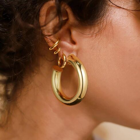 أقراط كيسيان الذهبية للنساء، 14 قيراط مطلية بالذهب مفتوحة أنبوبية سميكة وخفيفة الوزن أقراط عصرية هدايا مجوهرات مكتنزة in Kuwait