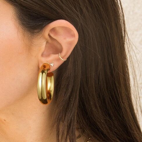 أقراط كيسيان الذهبية للنساء، 14 قيراط مطلية بالذهب مفتوحة أنبوبية سميكة وخفيفة الوزن أقراط عصرية هدايا مجوهرات مكتنزة in Kuwait