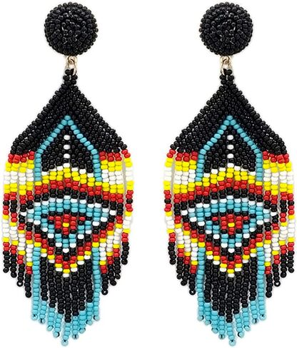 Emulily Beaded Western Tassel Post Earrings Handmade Navajo Earrings Rodeo Squash Blossom Aztec, Glass, n in Saudi Arabia