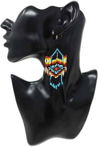 Emulily Beaded Western Tassel Post Earrings Handmade Navajo Earrings Rodeo Squash Blossom Aztec, Glass, n in Saudi Arabia