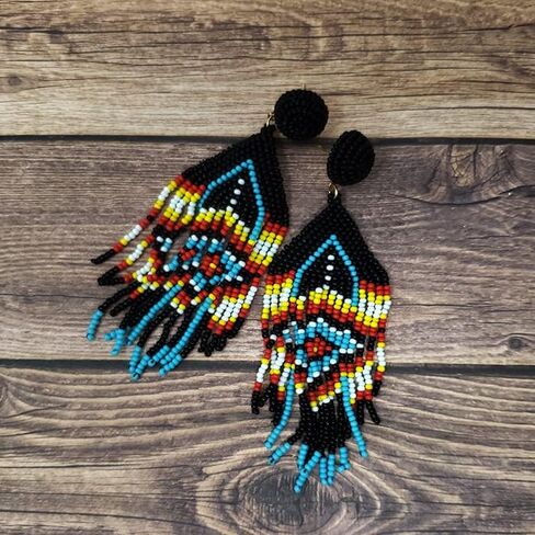 Emulily Beaded Western Tassel Post Earrings Handmade Navajo Earrings Rodeo Squash Blossom Aztec, Glass, n in Saudi Arabia