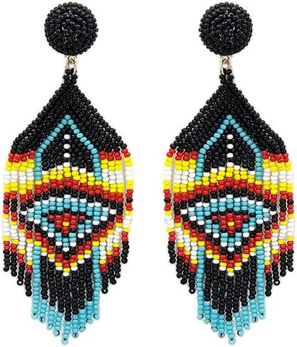 Emulily Beaded Western Tassel Post Earrings Handmade Navajo Earrings Rodeo Squash Blossom Aztec, Glass, n in Saudi Arabia
