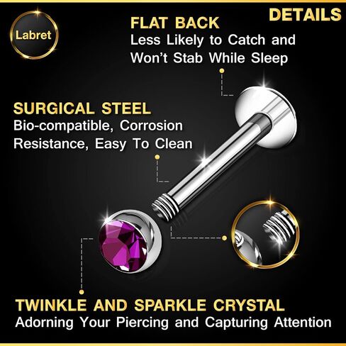 BanaVega 2 قطعة Labret الجراحية الصلب 16 قياس 5/16 8 مللي متر 3 مللي متر كريستال الغضروف أقراط مونرو ثقب المجوهرات اختيار الألوان in Kuwait