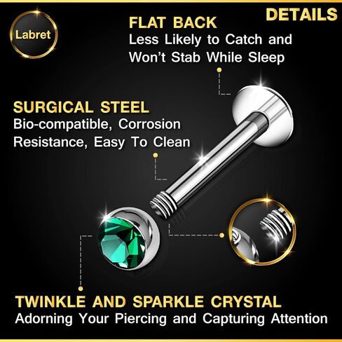 BanaVega 2 قطعة Labret الجراحية الصلب 16 قياس 5/16 8 مللي متر 3 مللي متر كريستال الغضروف أقراط مونرو ثقب المجوهرات اختيار الألوان in Kuwait