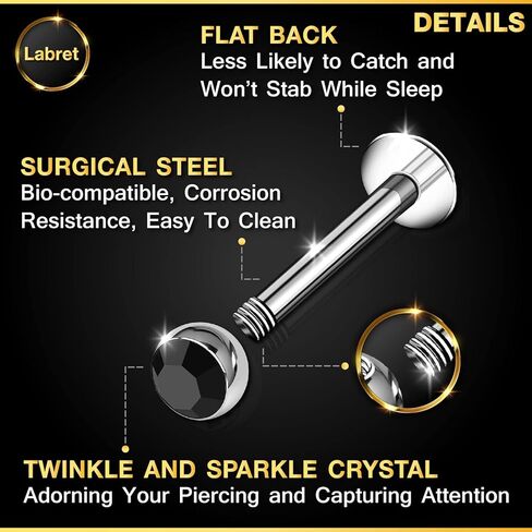 BanaVega 2 قطعة Labret الجراحية الصلب 16 قياس 5/16 8 مللي متر 3 مللي متر كريستال الغضروف أقراط مونرو ثقب المجوهرات اختيار الألوان in Kuwait
