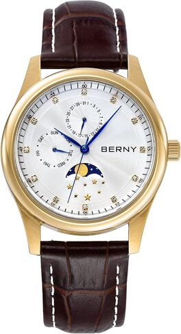 BERNY Mens Multi-Functional Quartz Watch with Calendar and Moon Phase Watch - Stainless Steel Case and Leather Band in Saudi Arabia