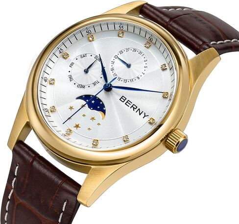 BERNY Mens Multi-Functional Quartz Watch with Calendar and Moon Phase Watch - Stainless Steel Case and Leather Band in Saudi Arabia