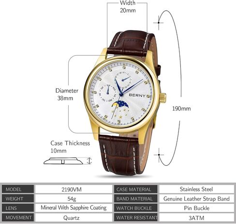 BERNY Mens Multi-Functional Quartz Watch with Calendar and Moon Phase Watch - Stainless Steel Case and Leather Band in Saudi Arabia
