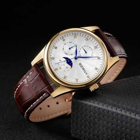 BERNY Mens Multi-Functional Quartz Watch with Calendar and Moon Phase Watch - Stainless Steel Case and Leather Band in Saudi Arabia