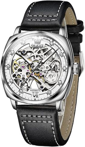 OLEVS Men's Skeleton Watches, Small Wrist Classic Diamond Dial Automatic Self Winding Watches, Retro Comfort Waterproof Tonneau Watch for Men with Black Leather Strap in Saudi Arabia