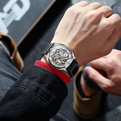 OLEVS Men's Skeleton Watches, Small Wrist Classic Diamond Dial Automatic Self Winding Watches, Retro Comfort Waterproof Tonneau Watch for Men with Black Leather Strap in Saudi Arabia