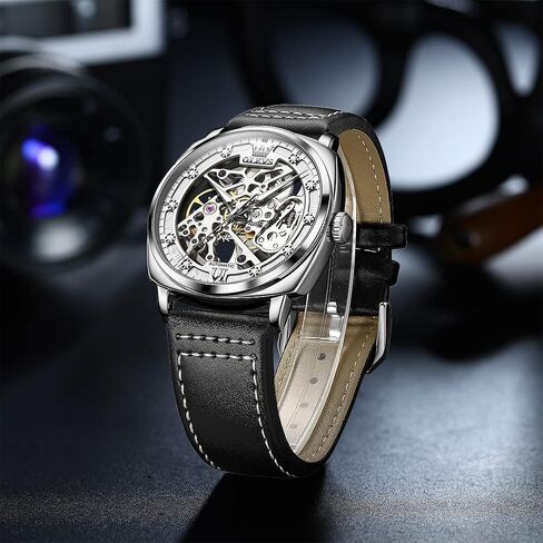 OLEVS Men's Skeleton Watches, Small Wrist Classic Diamond Dial Automatic Self Winding Watches, Retro Comfort Waterproof Tonneau Watch for Men with Black Leather Strap in Saudi Arabia
