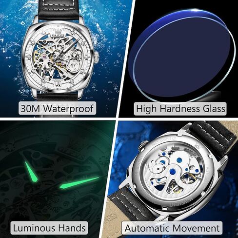 OLEVS Men's Skeleton Watches, Small Wrist Classic Diamond Dial Automatic Self Winding Watches, Retro Comfort Waterproof Tonneau Watch for Men with Black Leather Strap in Saudi Arabia