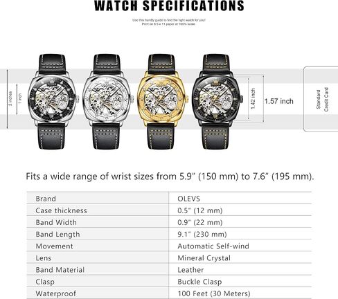 OLEVS Men's Skeleton Watches, Small Wrist Classic Diamond Dial Automatic Self Winding Watches, Retro Comfort Waterproof Tonneau Watch for Men with Black Leather Strap in Saudi Arabia