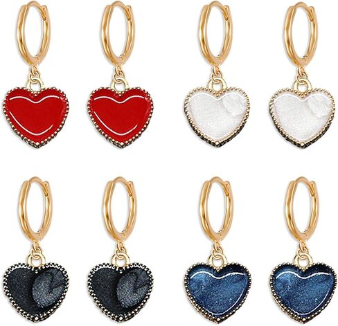 WUWEIJIAJIA 4 أزواج بسيطة أسود أبيض أحمر أزرق على شكل قلب Huggie هوب الأقراط 14K الذهب المينا هيبوالرجينيك تتدلى أقراط مجموعة للنساء الفتيات هدايا مجوهرات فريدة من نوعها in Kuwait