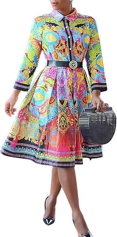VERWIN Bow Collar Patchwork A-Line Color Block Women's Long Sleeve Dress Midi Dress in Kuwait