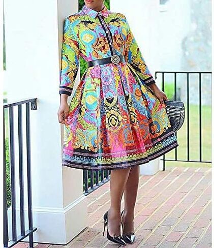 VERWIN Bow Collar Patchwork A-Line Color Block Women's Long Sleeve Dress Midi Dress in Kuwait