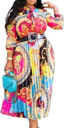 VERWIN Bow Collar Patchwork A-Line Color Block Women's Long Sleeve Dress Midi Dress in Kuwait
