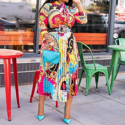 VERWIN Bow Collar Patchwork A-Line Color Block Women's Long Sleeve Dress Midi Dress in Kuwait