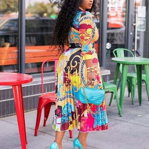 VERWIN Bow Collar Patchwork A-Line Color Block Women's Long Sleeve Dress Midi Dress in Kuwait