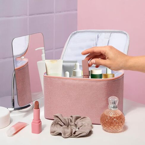 FUNSEED Travel Makeup Bag Portable Small Mini Cosmetic Organizer Storage Case with Handle for Jewelry, Lipstick, Cosmetic Box (Pink) in Saudi Arabia