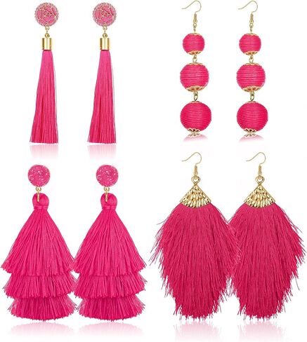 Florideco 4 أزواج من الأقراط شرابة للنساء أقراط بيان الطبقات الأقراط شرابة طويلة البوهيمي شكل مروحة أقراط شرابة تتدلى قطرة اليدوية الأقراط الوردي الساخن للنساء الفتيات in Kuwait