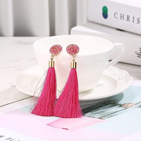 Florideco 4 أزواج من الأقراط شرابة للنساء أقراط بيان الطبقات الأقراط شرابة طويلة البوهيمي شكل مروحة أقراط شرابة تتدلى قطرة اليدوية الأقراط الوردي الساخن للنساء الفتيات in Kuwait