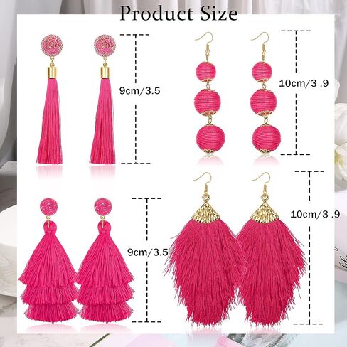 Florideco 4 أزواج من الأقراط شرابة للنساء أقراط بيان الطبقات الأقراط شرابة طويلة البوهيمي شكل مروحة أقراط شرابة تتدلى قطرة اليدوية الأقراط الوردي الساخن للنساء الفتيات in Kuwait