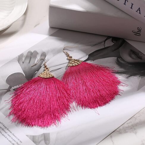 Florideco 4 أزواج من الأقراط شرابة للنساء أقراط بيان الطبقات الأقراط شرابة طويلة البوهيمي شكل مروحة أقراط شرابة تتدلى قطرة اليدوية الأقراط الوردي الساخن للنساء الفتيات in Kuwait