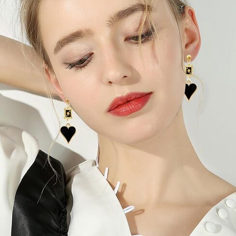 Funny Poker Card Unique Asymmetric Red and Black Playing Cards Ace Stud Earrings Tiny Playing Card Red Heart Spade Flower Square Stud Earrings for Women Girls Party Jewelry Gifts in Saudi Arabia