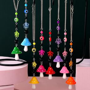 8 Pcs Mushroom Car Hanging Ornament Lucky Mushroom Evil Eye Car Pendant Cute Resin Rear View Mirror Accessories Colorful Beaded Rearview Mirror Decor for Vehicle Home Office Door Window Balcony