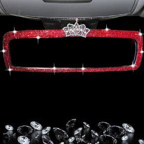 Bling Car Mirror Rhinestone Car Rear View Mirror for Women Rear View Mirror Glitter Shining Car Mirror (Red-Crown)