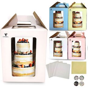4 Pack Tall Cake Boxes 10x10x12 Inch(White Pink Blue Green) with windows and cake Boards, Large Tiered Cake Boxes, Tier Cake Carrier,Disposable Cake Containers for Wedding,Birthday,Party