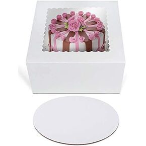 O'CREME Cake Boxes 8" x 8" x 5" and Round Cake Boards 8" Inch, Bakery Box with Window - 10 Pack of Each - White Kraft Paperboard - Bakery Cake Supplies - 10 Pack