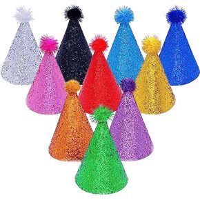 10 Pcs Large Cone Party Hats Adjustable Children Reusable Birthday Party Hats Supplies Glitter Decorations Pom-pom Party Hats for Kids Adults L
