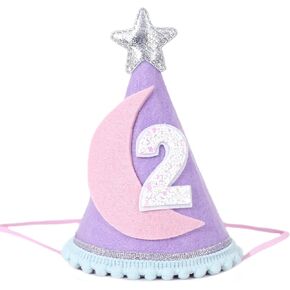 Two the Moon Birthday Hat for Girls - Outer Space 2nd Birthday Decoration for Girl, Girl Space 2nd Birthday Hat, Girl First Trip Around the Sun Birthday Decor, Two the Moon Birthday Decorations