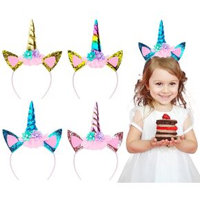 4 Pieces Unicorn Headband, Girls Glitter Unicorn Horn Ears Flower Headband, kids Head Bands Hair Accessory for Unicorn Theme Birthday Party Favor Supplies