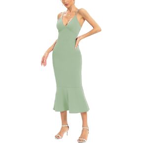 JLCNCUE Women's Spaghetti Straps V Neck Bodycon Mermaid Dress Elegant Ruffles Midi Dress Cocktail Evening Party Dress 325