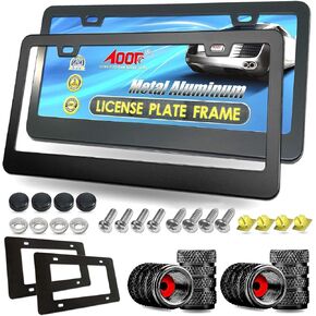 Aootf Stainless Steel License Plate Frames- Heavy Duty Polish Mirror Car Tag Cover with Chrome Screw Caps, 2 Hole 2 Pack Front & Rear Holders for Women/Men, Tire Valve Caps, Rattle Proof Pads