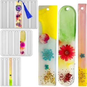 Szecl 3Pcs Bookmarks Silicone Mold with Tassels 15 Cavities Rectangle Ellipse Shape Bookmark Resin Mold Wide Epoxy Resin Casting Mold DIY Book Accessory for Reading Lovers Floral Art Craft Making Tool